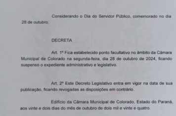 Dia 28/10/24 não haverá expediente nesta Câmara - Dia do Servidor Público