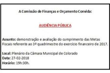 AUDIÊNCIA PÚBLICA - DEMONSTRAÇÃO E AVALIAÇÃO DO 3º QUADRIMESTRE DE 2017